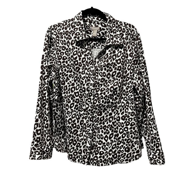 Chico’s size 3 dark brown white animal print button front long sleeve blouse - Picture 1 of 6